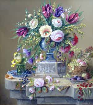 Thomas Heesakkers - Groot pronkstilleven bloemen en fruit op paneel. verkocht voor € 675!