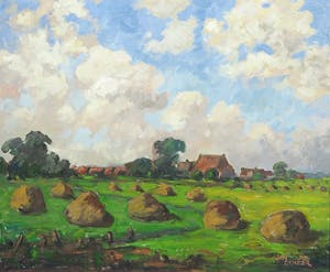 Jan Dekker - Olieverf op hardboard, Gras Oogsten, Ingelijst kopen? Bied vanaf 1!