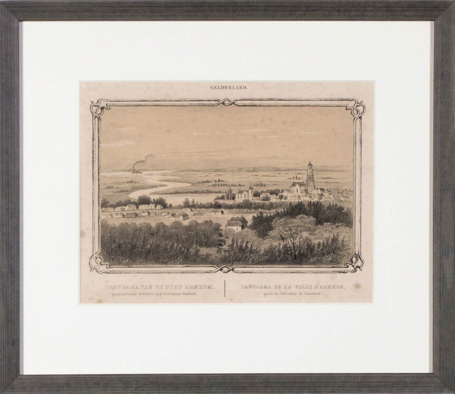 Frederik Lodewijk Huygens - Litho, Panorama van de stad Arnhem - Ingelijst kopen? Bied vanaf 20!