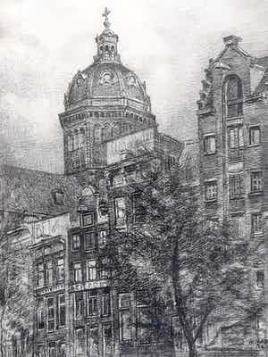 Herman Habes - Zicht op de Nicolaasbasiliek Amsterdam. verkocht voor € 50!