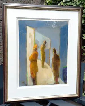 Han Mes - Drie figuren in strijklicht, olieverf op karton (mooi ingelijst, groot) kopen? Bied vanaf 325!