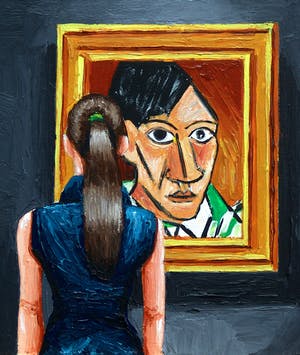 Gerard Boersma - Self Portrait Picasso (Vrouw kijkend naar zelfportret van Picasso) kopen? Bied vanaf 75!