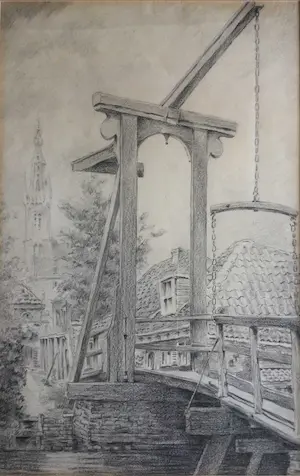 Sebo Detmers - Kwakelbrug Edam | tekening - ingelijst kopen? Bied vanaf 35!