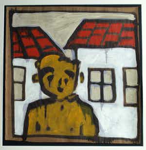 Bart Drost - Ingelijst, acryl op bitumenpapier (pakpapier) , Voor 2 huisjes – ca. 1991 verkocht voor € 50!