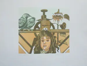 Frans de Haas - Meisje voor drukpers, zonnebloem en kraaien. kopen? Bied vanaf 75!