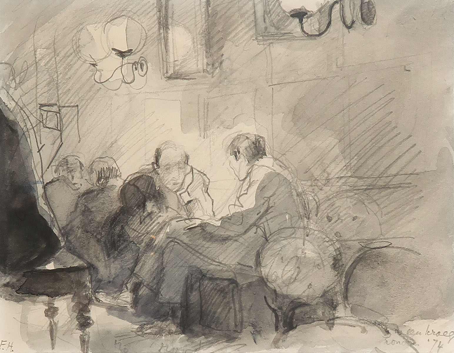 Frida Holleman - Aquarel en potlood, In een kroeg London - Ingelijst kopen? Bied vanaf 100!