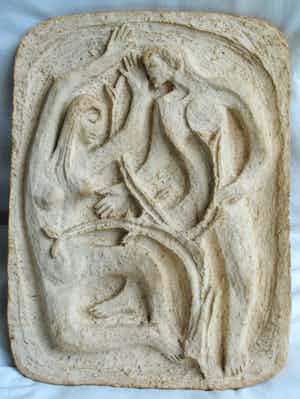 Klaas Pijlman - Plaquette van witte Chamotte / Aardewerk – Adam & Eva - ca. 1970 verkocht voor € 1!