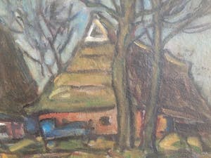 Jan Weinand De Jonge - Expressionistisch landschap met Groningse of Friese boerderijen kopen? Bied vanaf 90!