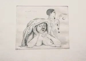Herman Berserik - Monochrome 1976 Ets "vrouwelijk naakt en pierrot" - eigen druk exemplaar kopen? Bied vanaf 36!