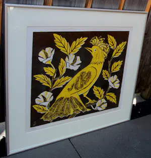 Jeanne Bieruma Oosting - Ingelijste houtsnede: gele vogel kopen? Bied vanaf 399!