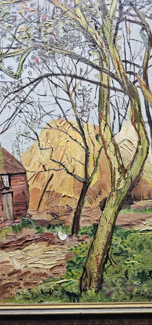 Herman Bieling - Boerderijtjes met hooiklamp en kippen54/70 cm met lijst69/86cm, kopen? Bied vanaf 750!