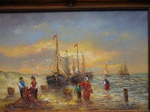 Peter Brouwer - Zeer kleurrijk schilderij schepen aan de kust. kopen? Bied vanaf 450!