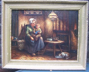 Dirk Kubbe - Boereninterieur met moeder kind. kopen? Bied vanaf 50!