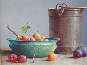 Hans Habraken - Oud keteltje en 2 schalen met pruimen. kopen? Bied vanaf 750!