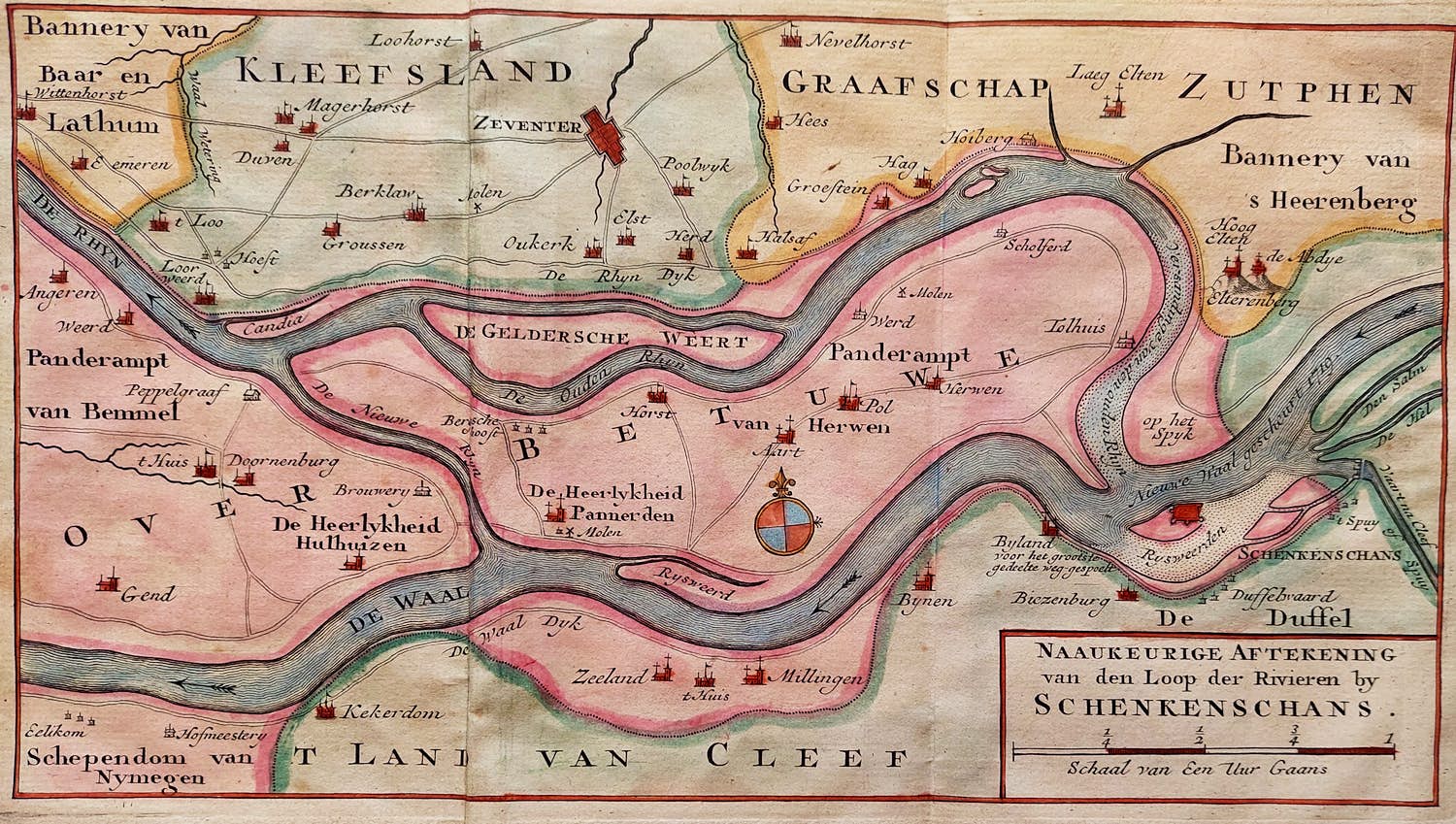Isaac Tirion - Gelderland, Schenkenschans - Rivierloop Waal en Rijn - Oude Gravure 1740 verkocht voor € 50!