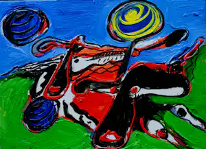 Peter Diem - Acryl op doek: vliegende Koeien - 1994 verkocht voor € 450!