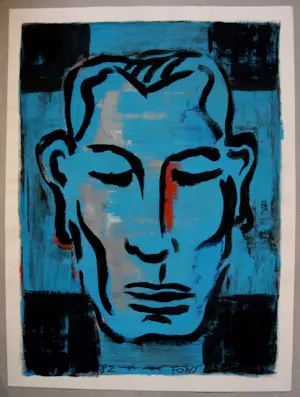 Fons Haagmans - Acryl op papier: masker op blauwe achtergrond - 1982 kopen? Bied vanaf 275!