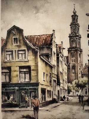 Roger Hebbelinck - Mooie grote handgekleurde Ets "Amsterdam Jordaan Westertoren" mooi gelijst kopen? Bied vanaf 30!