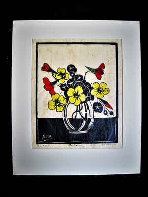 Jac. de Beer - Verstilde handingekleurde Houtsnede "bloemen in vaas" kleine oplage 3/50 verkocht voor € 20!