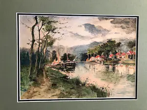 Clement Bezemer - zicht op dorpje aan rivier met afgemeerde boten (in dubbel passe partout) kopen? Bied vanaf 30!