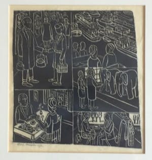 Elly Kuipers - - houtsnede - vijf jaren '70 tafereeltjes kopen? Bied vanaf 20!