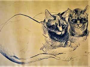 Frits van Eeden - Magnifieke (Houtskool)tekening van 2 poezen - gesigneerd - excl. ingelijst. verkocht voor € 10!