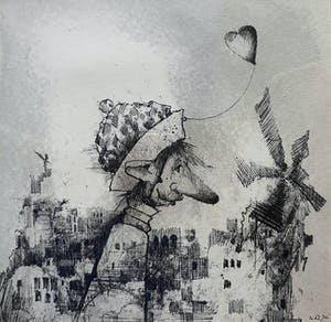 Dirkje Kuik - Fantasiefiguur met hartvormige ballon, tekening (ingelijst) kopen? Bied vanaf 195!