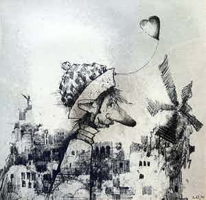 Dirkje Kuik - Fantasiefiguur met hartvormige ballon, tekening (ingelijst) verkocht voor € 195!