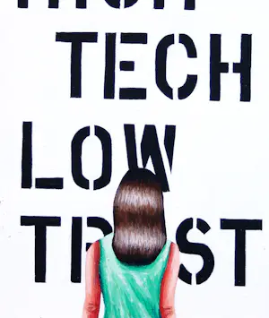 Gerard Boersma - High Tech, Low Trust (vrouw met schilderij geïnspireerd door Christopher Wool) kopen? Bied vanaf 125!