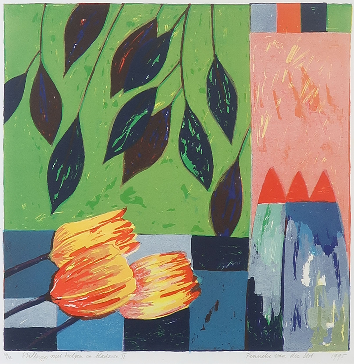 Fenneke van der Elst - Zeefdruk, Stilleven met tulpen en bladeren II - Ingelijst kopen? Bied vanaf 20!