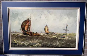 Willem Bos - Boten bij boei op woelige zee, olieverf op doek (mooi ingelijst, groot) kopen? Bied vanaf 1!