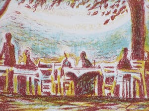 Lex Metz - Figuren op zonnig terras - Kleurenlitho kopen? Bied vanaf 40!