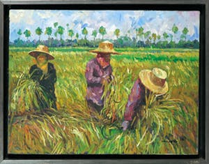 Niet of onleesbaar gesigneerd - Acryl op doek, Thai farmers are harvesting their rice - Ingelijst kopen? Bied vanaf 1!