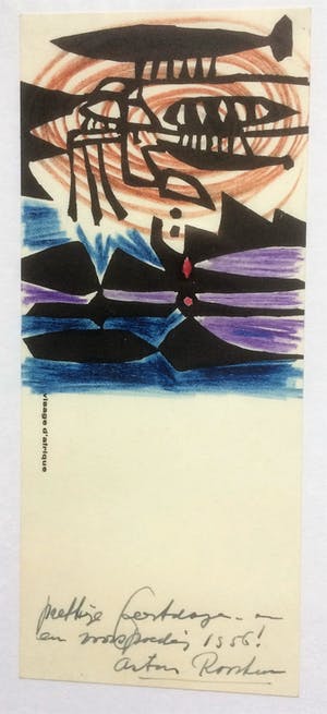 Anton Rooskens - Nieuwjaarskaart - Gesigneerde Linoleumsnede en kleurpotlood 1955 kopen? Bied vanaf 150!
