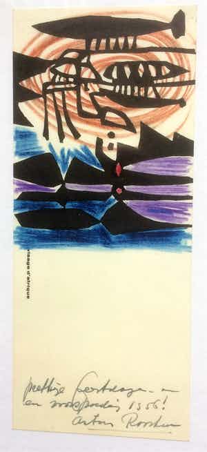 Anton Rooskens - Nieuwjaarskaart - Gesigneerde Linoleumsnede en kleurpotlood 1955 verkocht voor € 150!