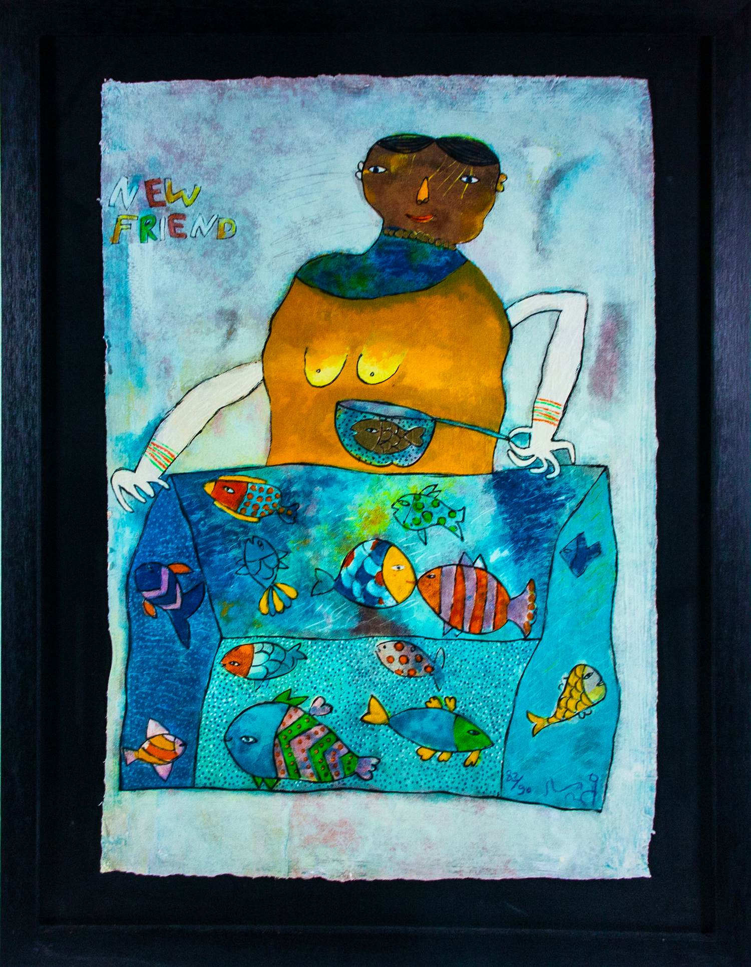 Shahid Parvez - Zeefdruk op geschept papier, new friend - ingelijst verkocht voor € 60!