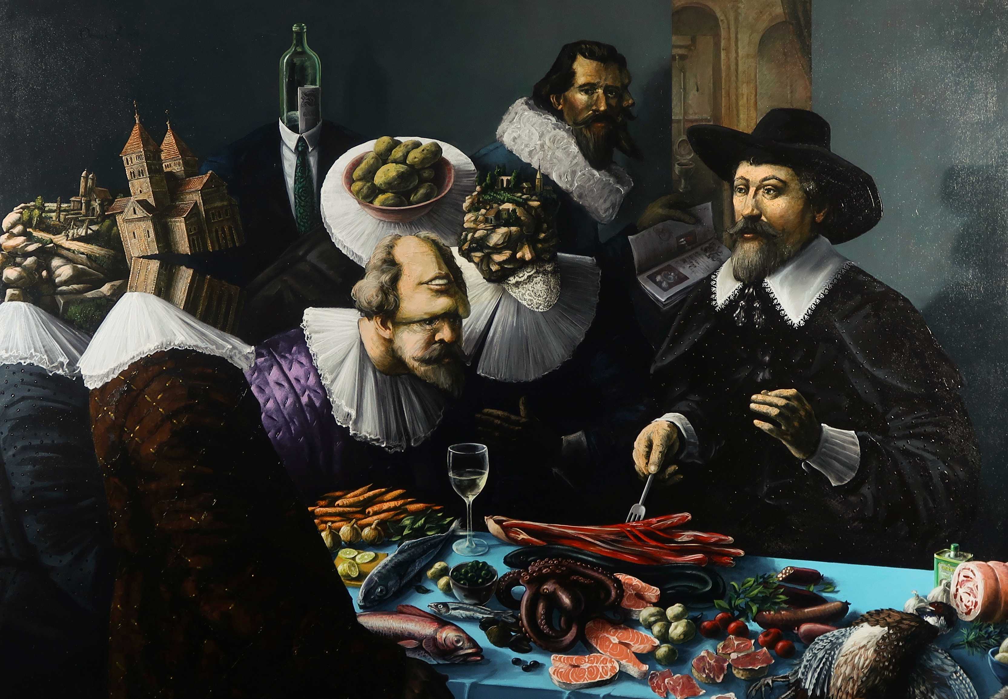 Demiak - Olieverf op doek, De gastronomische les - Ingelijst (Zeer groot) kopen? Bied vanaf 1000!