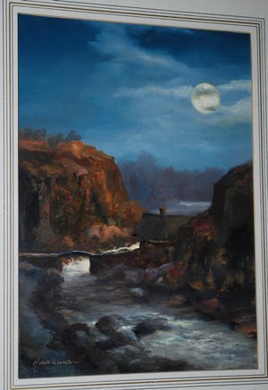 Dick Haakman - Huis in maanlicht aan een wilde rivier - olieverf kopen? Bied vanaf 75!