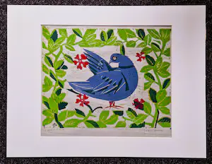 Jeanne Bieruma Oosting - Grote Epr. D'art. kleurenhoutsnede "Vogel in 't groen" potloodgesigneerd kopen? Bied vanaf 170!
