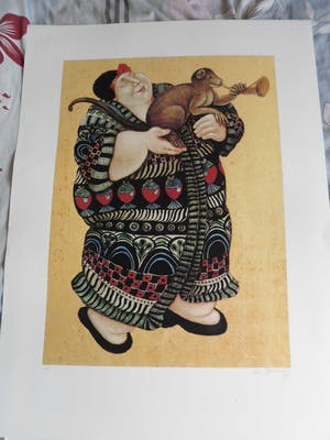 Ada Breedveld - Zeefdruk. z.t. (Dame in kimono met aap) kopen? Bied vanaf 35!