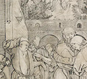 Marcantonio Raimondi - Gravure naar Albrecht Dürer, De Ontmoeting van Joachim en Anna kopen? Bied vanaf 80!