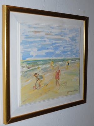 Niet of onleesbaar gesigneerd - kinderen op het strand - olieverf op paneel kopen? Bied vanaf 10!