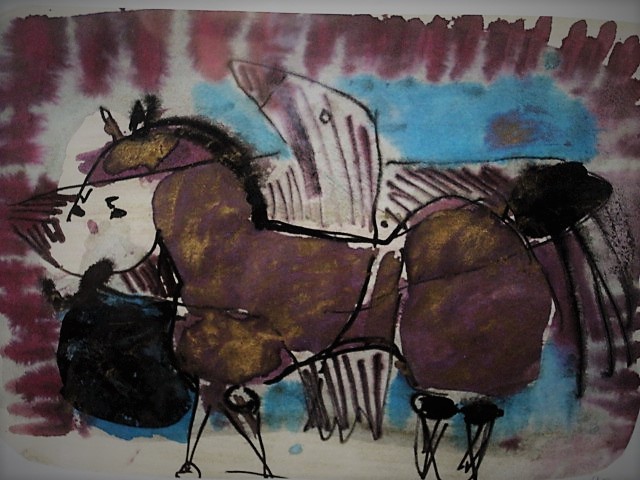 Miriam Hommes - Mooi Expressionist. Aquarel "Man en Paard" van Miriam Hommes (1961-) kopen? Bied vanaf 1!