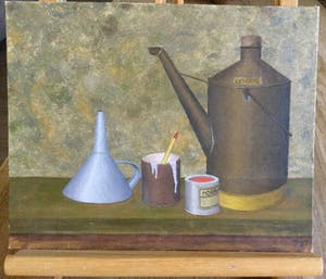 Niet of onleesbaar gesigneerd - Lot van 2 schilderijen | Stillevens met oliekannen kopen? Bied vanaf 1!