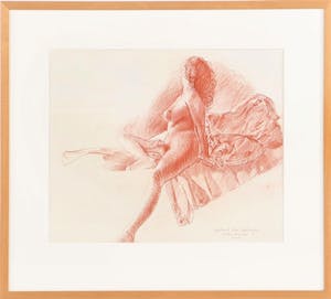 Evert Thielen - Rood krijttekening - Naakt - "Poserende naakte vrouw op bed" kopen? Bied vanaf 225!