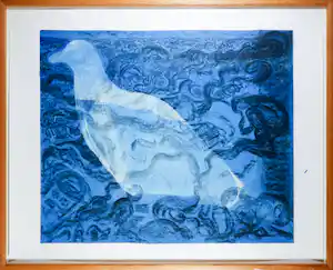 Margriet Thissen - Gemengde techniek op papier, Duif in blauw - Ingelijst (Zeer Groot) verkauft für € 35!