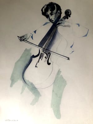 Henk Fonville - Bassist - Aquarel, Ingelijst kopen? Bied vanaf 90!