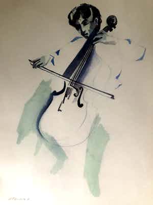 Henk Fonville - Bassist - Aquarel, Ingelijst verkocht voor € 90!