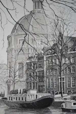 Wim Bettenhausen - Singel Amsterdam met de Koepelkerk - ets kopen? Bied vanaf 75!