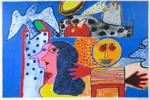 Corneille - Zeefdruk, Figuren met vogels - Ingelijst (Groot) kopen? Bied vanaf 400!